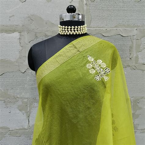 Classic Lime Yellow Embroidered Organza Dupatta – anokherang