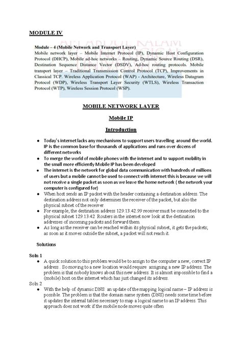 MC4 - Module 4 Notes: Introduction to Mobile IP and Network Layer - Studocu