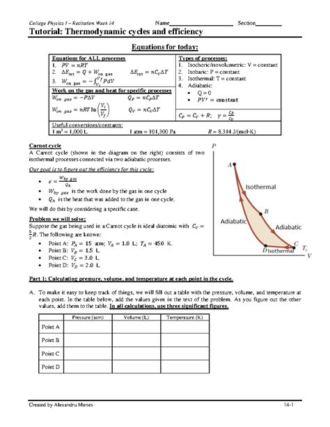 CP1 Recitation tutorial - Week 14 - Thermodynamic cycles - College ...