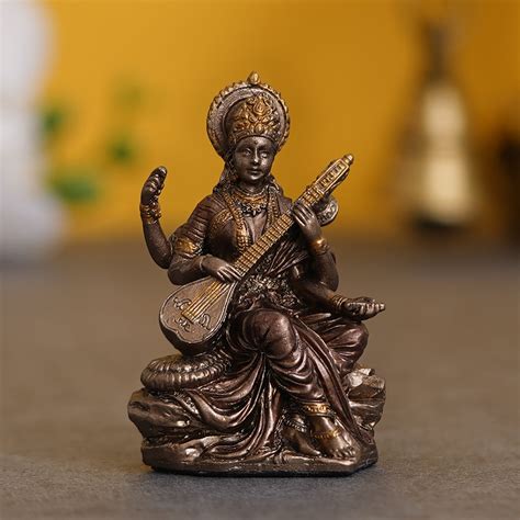 Goddess Saraswati Playing Veena Cold Cast Bronze Resin Decorative Figu ...
