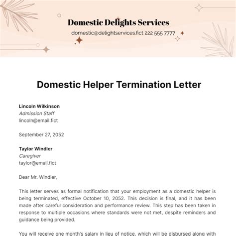 Free Domestic Helper Termination Letter Template to Edit Online