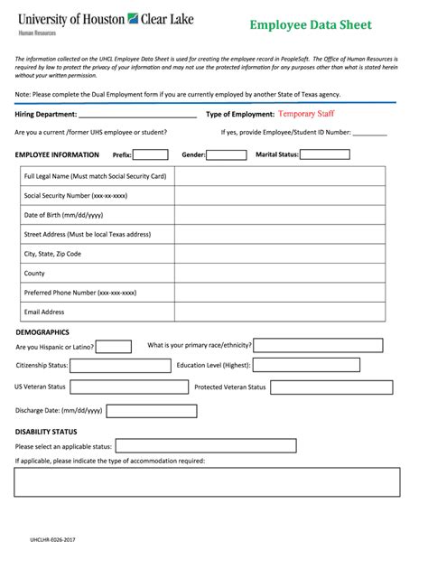 Fillable Online The information collected on the UHCL Employee Data ...