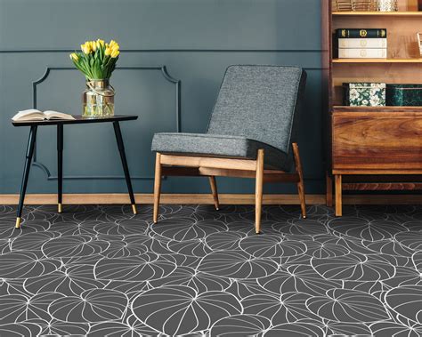 Lineart Tropical Leaves Vinyl Flooring, Gray Decorative Flooring, White ...