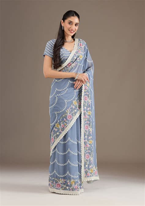 Buy Grey Thread Work Tissue Saree - Koskii