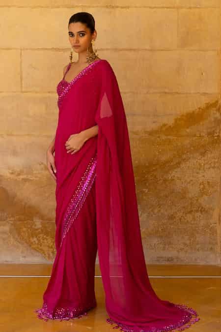 Buy Pink Georgette Sequins, Cut Work, Mirrors Border Embellished Saree ...
