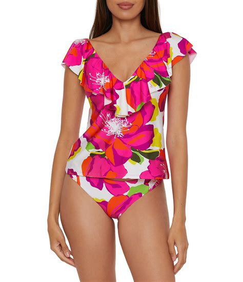 Trina Turk Bloom Plunge V-Neck Ruffle Tankini Swim Top & Shirred Tab ...