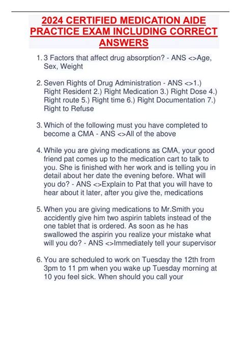 2024 CERTIFIED MEDICATION AIDE PRACTICE EXAM INCLUDING CORRECT ANSWERS ...
