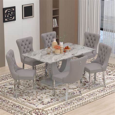 Sumdeal Modern 6-Person Dining Table Set with Velvet Chairs & Faux ...