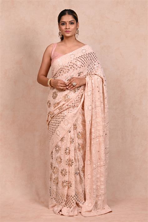 Peach Georgette Chikankari saree | Kalatantu