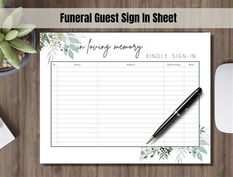 Funeral Sign in Sheet Printable Funeral Guest Check in Sheet Printable ...