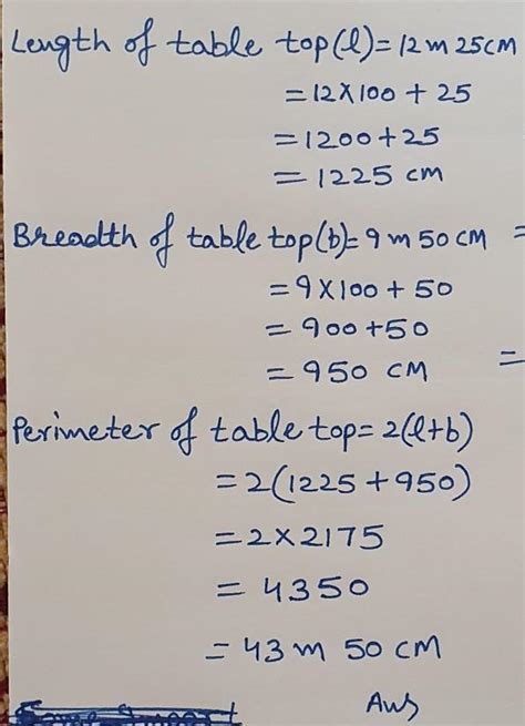 . A table top measures 12 m 25 cm by 9 m 50 cm.What is the perimeter of ...