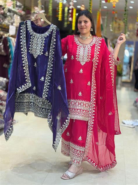 GLASS TISSUE FULL TILLA WORK NECK DESIGN 3 PC SUIT – Arsh Wardrobe ...