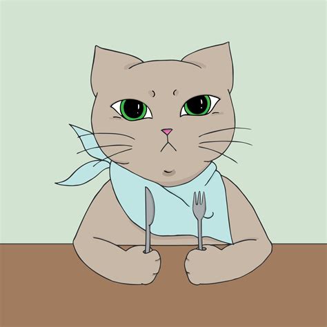 Angry and hungry cat with a fork and a knife. Sitting cat. Hand drawn ...