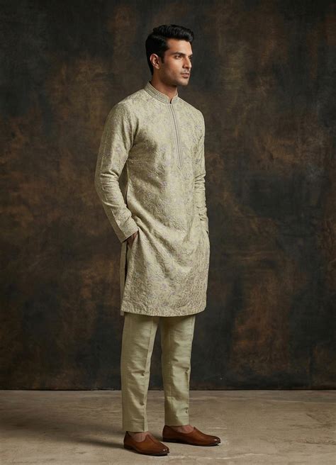 Buy Mehandi Green Mls Embroidered Kurta Pajama Online