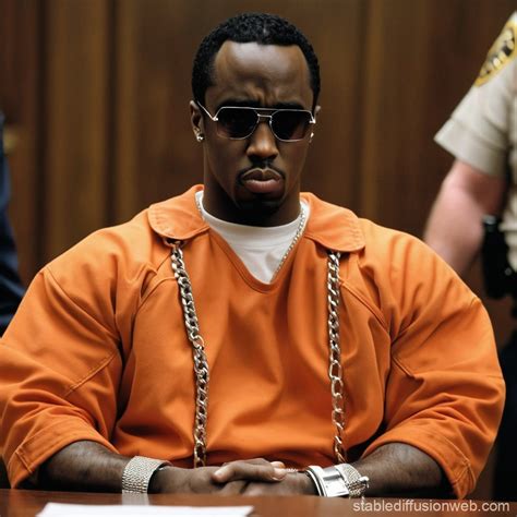 prompt me an image of p diddy in an orange prison jumpsuit inside the ...