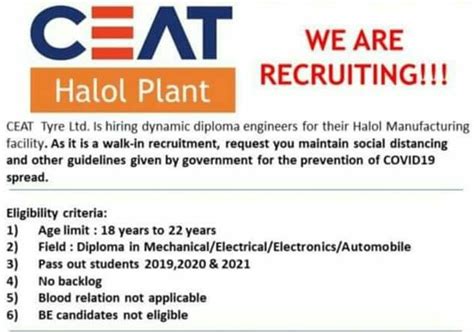 CEAT Tyre Ltd. Tyre Manufacturing Company Recruitment For Diploma ...