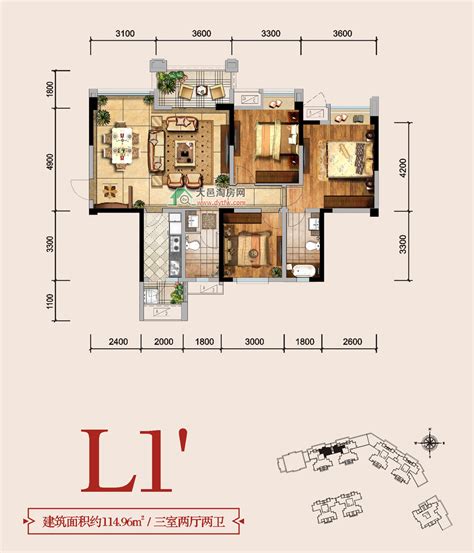 祥荣城市绿洲2期最新推荐户型图(9):L1’三室两厅双卫建筑面积约114.96㎡_大邑楼盘_大邑房产网|大邑淘房网