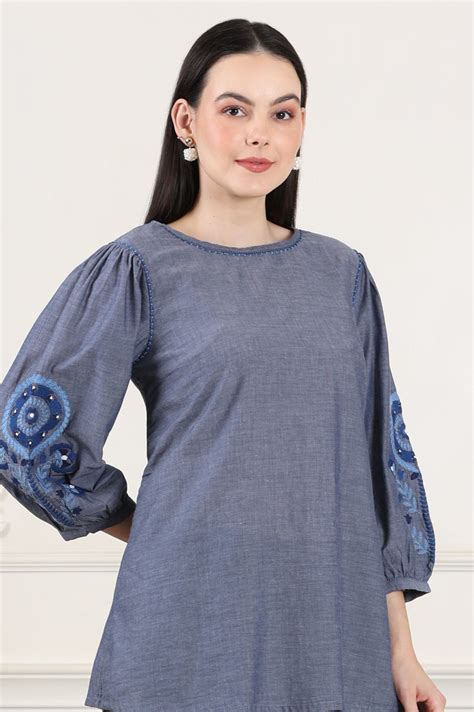 Blue Solid Pure Cotton Chambray Embroidered Top – wforwoman