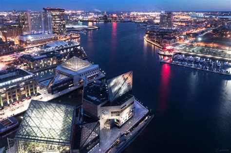 The harbor at night from the observation level of the Baltimore World ...