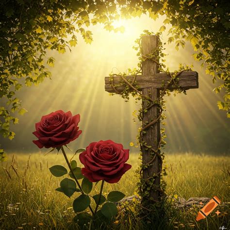Two red roses and a vine-wrapped cross in a sunny field framed by trees ...