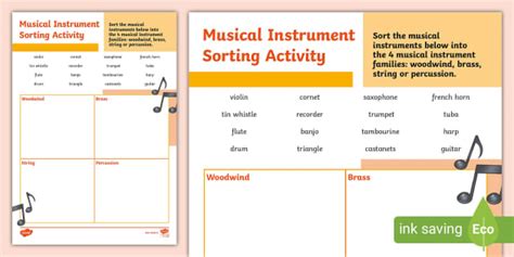 Music Instrument Families Sorting Worksheet (teacher made)