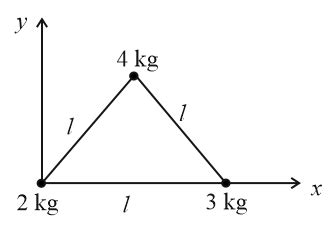 Three masses 2kg,3kg and 4 kg are lying at the corners of an ...