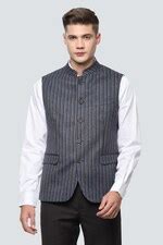 Buy Men Blue Stripe Slim Fit Business Casual Nehru Jacket Online ...