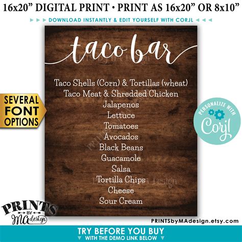 Taco Bar Menu Sign Fiesta Party Menu Custom PRINTABLE - Etsy Hong Kong