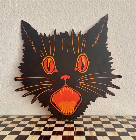 Vintage halloween black cat articulated decoration die cut beistle no 1 ...