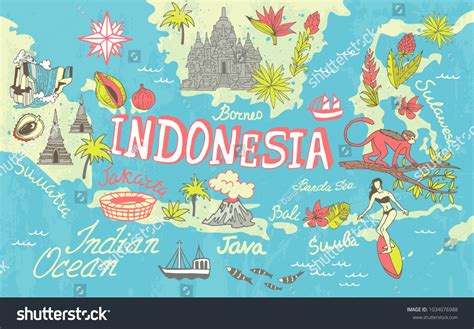 Illustrated Map Indonesia Travel Attractions Stock Vector (Royalty Free) 1034076988 ...