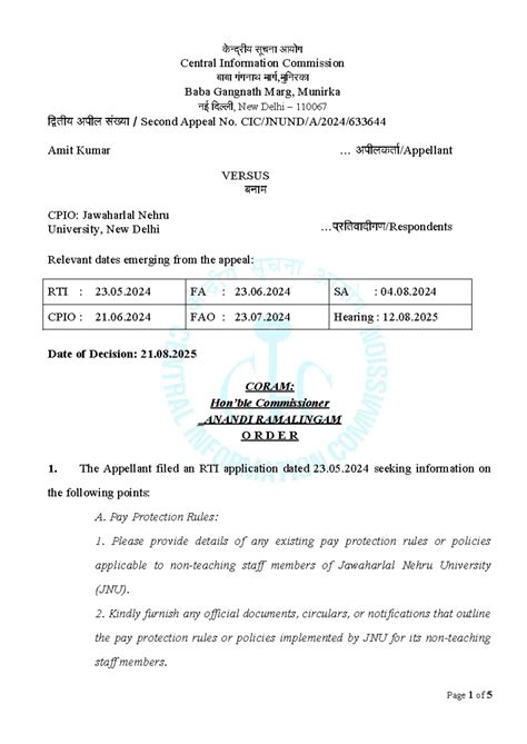 CIC Order on Second Appeal No. Amit Kumar vs. JNU CPIO (RTI) - Studocu