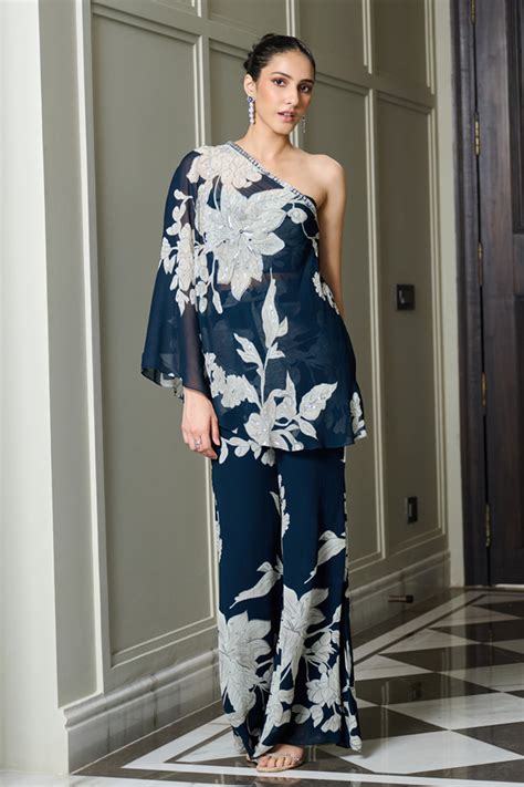 Blue Floral Print One Shoulder Top and Pants Set – Sanya Gulati