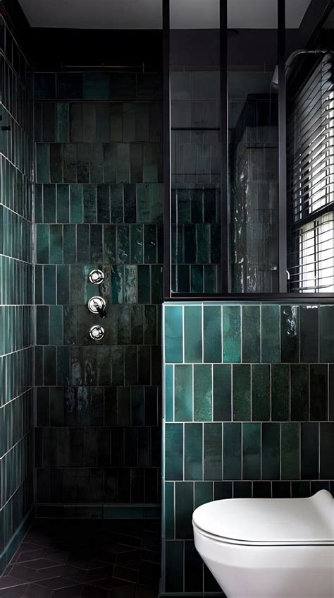 Dark Green Subway Tile Bathroom with Industrial Accents