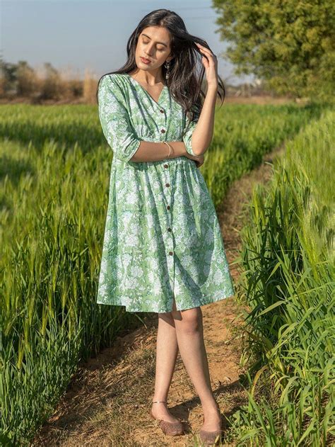 Buy Powder Green Hand Block Printed Cotton Dress | SSKR009C/SOTY2 | The ...