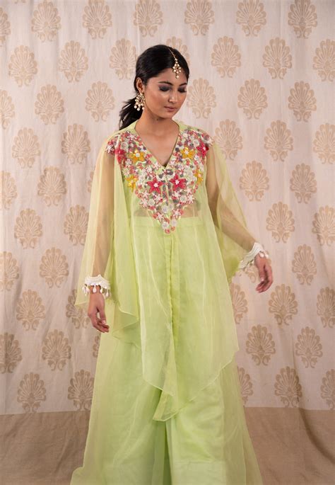 Lime Green Floral Cape Sharara Set – Siva