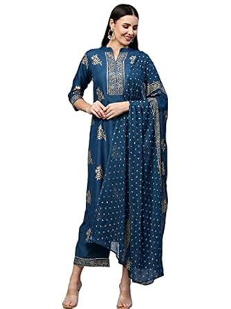 Buy GoSriKi Women's Cotton Blend Straight Embellished Kurta with ...