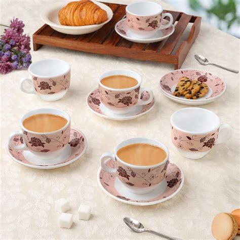 Larah by BOROSIL Rosa Brown Opalware Cup and Saucer Set of 12 pcs | Tea ...