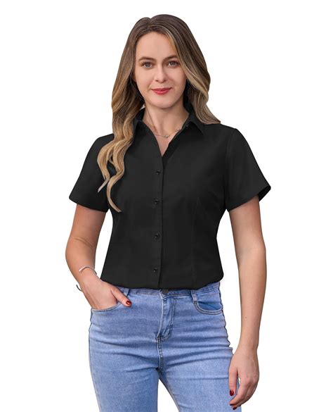 Siliteelon Short Sleeve Cotton Work Shirts for Women Basic Button Up ...