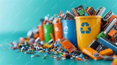 Multiple recycling bins labeled with different types of electronic waste batteries screens etc ...