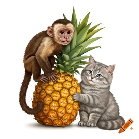 A monkey sits on a pineapple next to a kitten on a white background. on ...