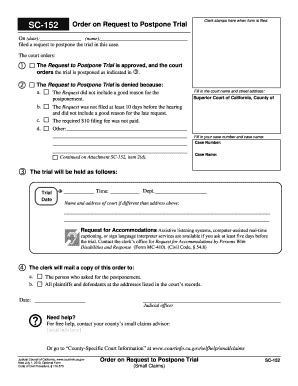 SC152 Order On Request To Postpone Trial On (date): (name): Filed A ...