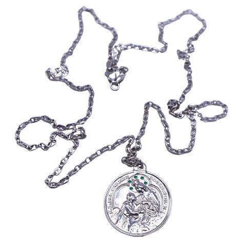 Emerald Spanish Medal Del Carmen Chain Necklace Silver For Sale at 1stDibs
