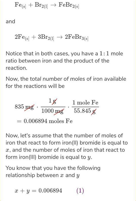 385mg of iron reacts with excess bromine, producing 1921mg of a mixture ...