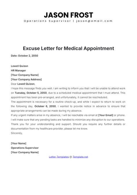 Free Excuse Letter for Medical Appointment Template to Edit Online
