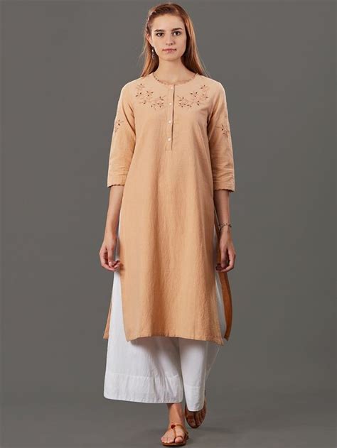 Buy Peach Embroidered Cotton Silk Kurta with Palazzo- Set of 2 | DHK ...