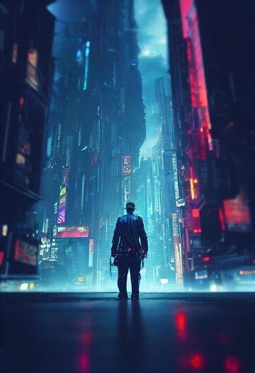 Scifi cyberpunk in the rainy city of the future hightech futuristic man ...