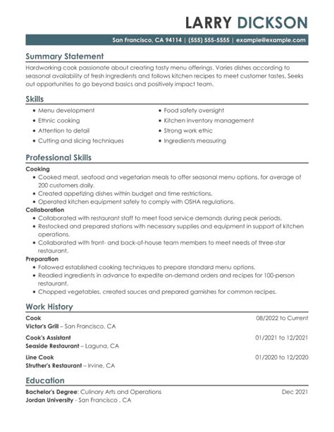Image result for Cook Resume Examples