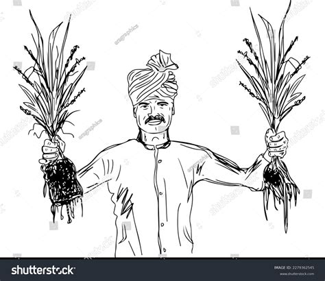 Indian Farmer Drawing Indian Farmer Worker Field Line Art Stock Vector