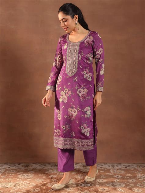 Buy Burgundy Printed Silk Blend Straight Suit With Dupatta Online at Rs ...