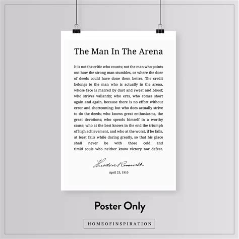Man in the Arena by Theodore Roosevelt Poem Print, Motivational Home ...
